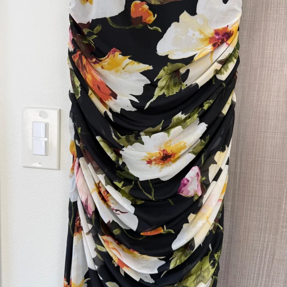 Abercrombie & Fitch Black Floral Mesh Off One Shoulder Ruched Maxi Dress Medium